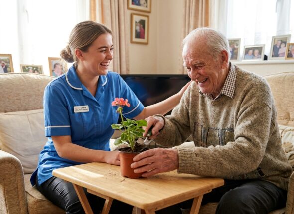 Carer supporting an elderly resident in a care home