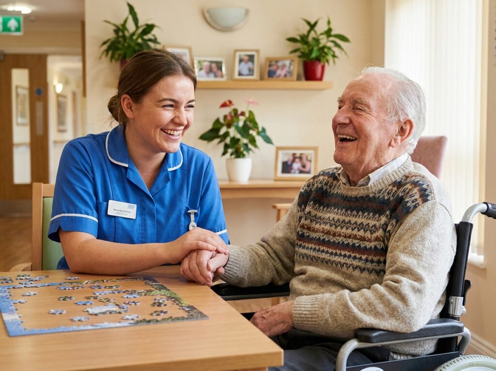 Healthcare assistant supporting an elderly man in a care home