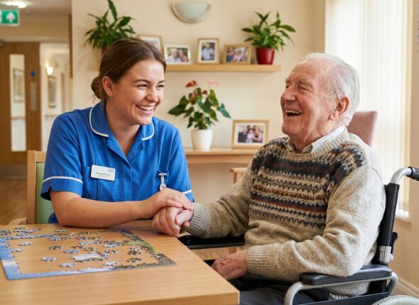Healthcare assistant supporting an elderly man in a care home