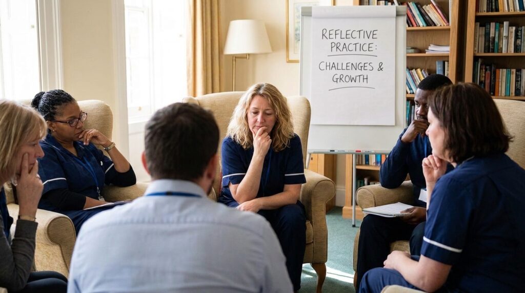 Care professional reflecting and taking notes during a CPD training session