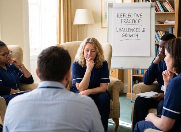 Care professional reflecting and taking notes during a CPD training session