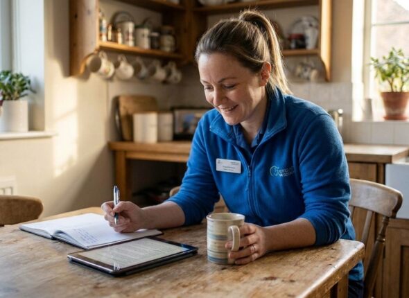 Care worker writing reflective notes for Level 3 Diploma in Adult Care assessment